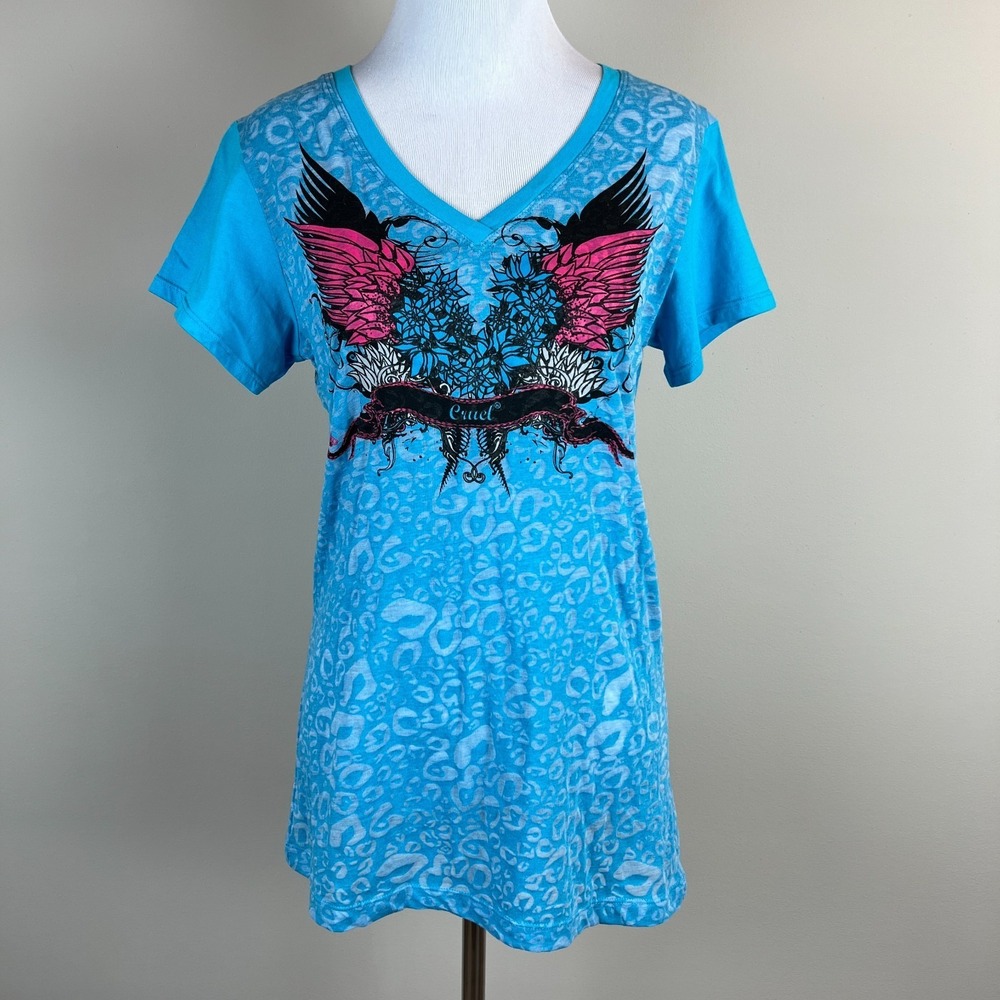 Y2K Cruel T-Shirt Top Women Large Blue Floral V-Neck Short Sleeve Tattoo Graphic